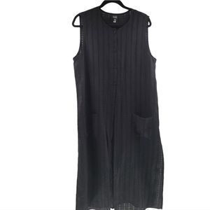 Eileen Fisher Stripe Irish Linen Button Down Sleeveless Front Pocket Long Tunic